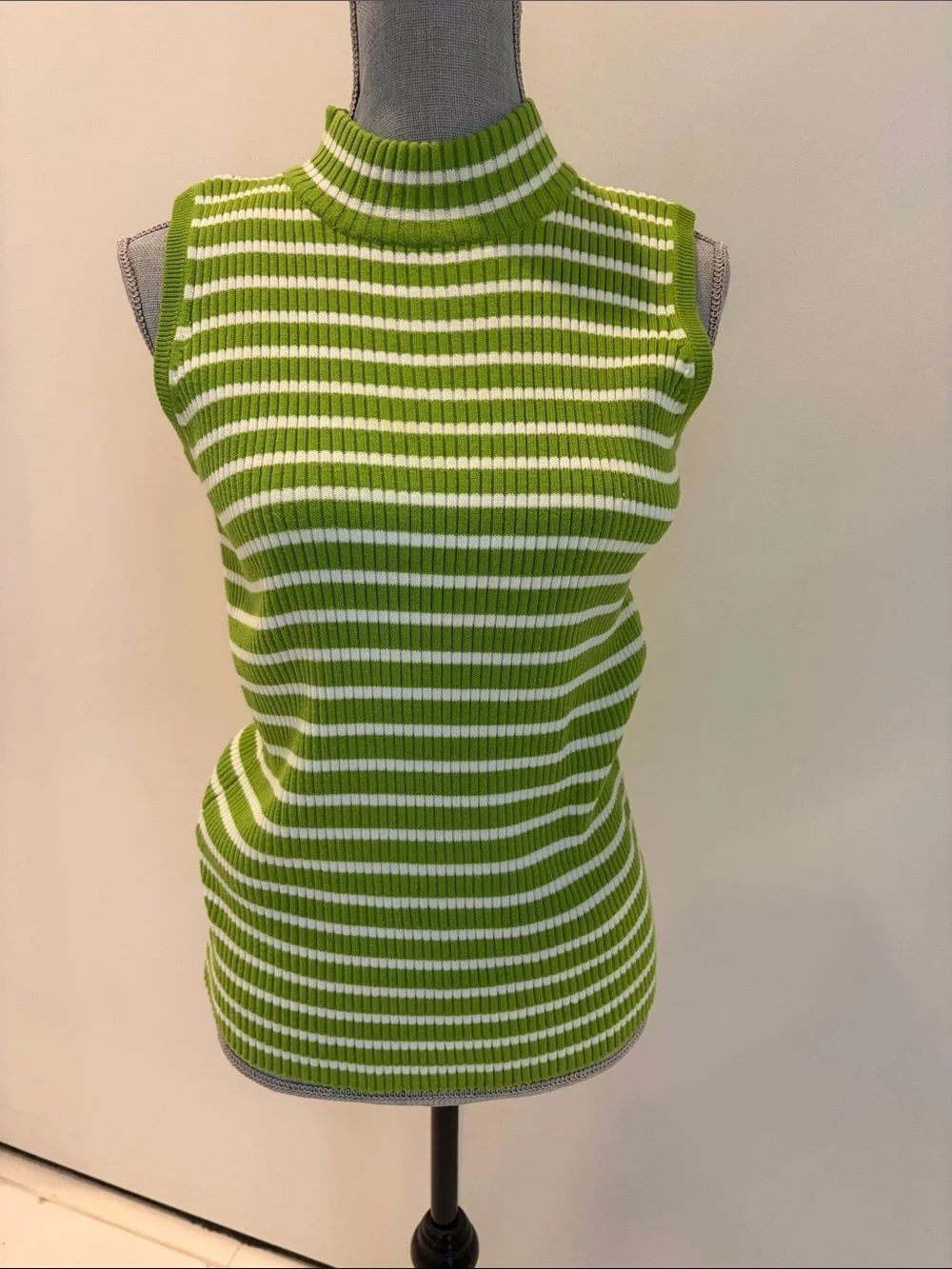 Sleeveless Ribbed Cowl Neck Sweater - Green & White Stripe